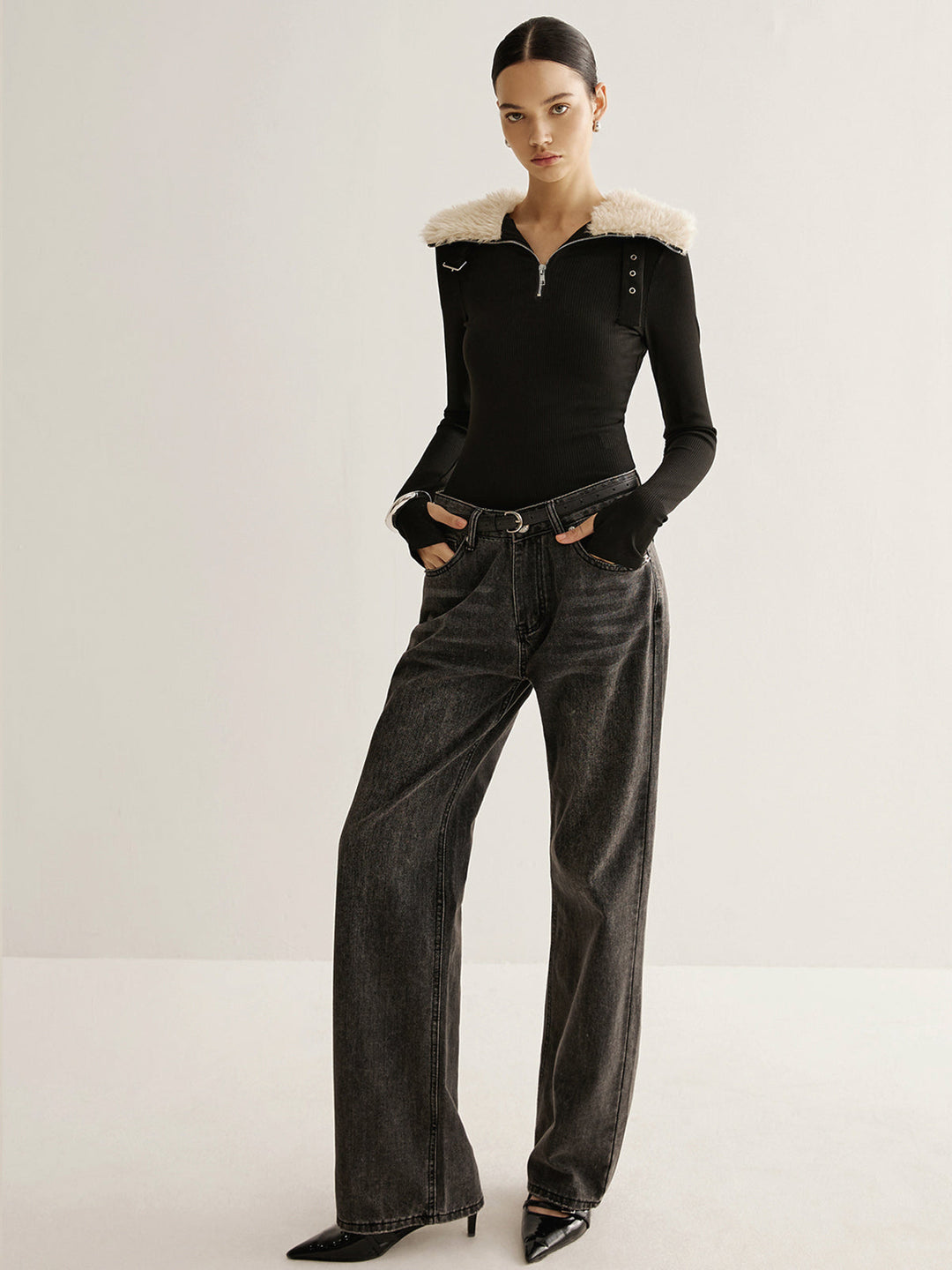 Blouse à fermeture éclair avec ceinture et col fantaisie