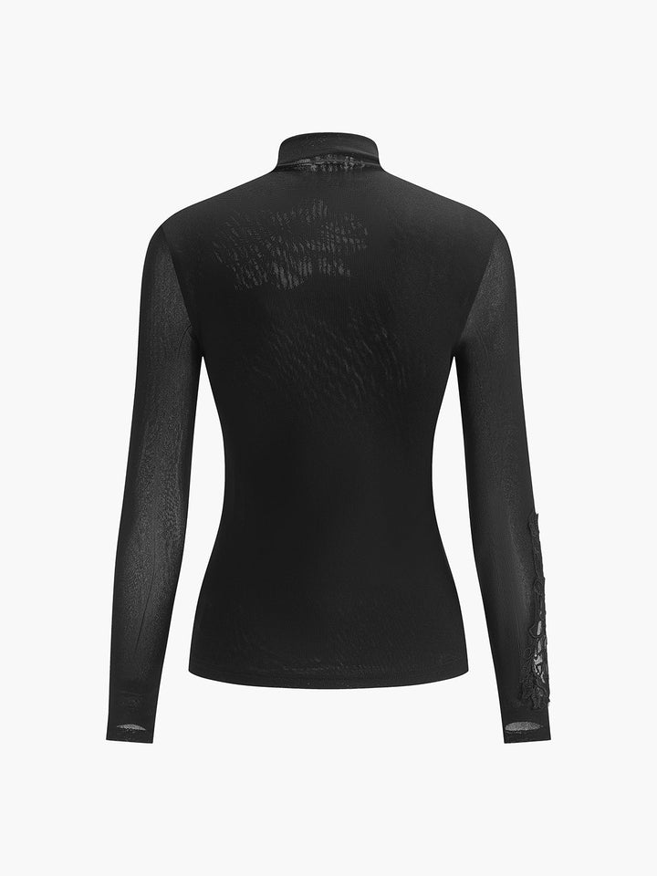 Haut Ajusté Semi-Transparent en Maille Florale