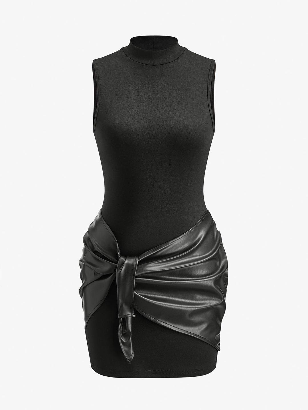 Robe à col montant en similicuir à volants