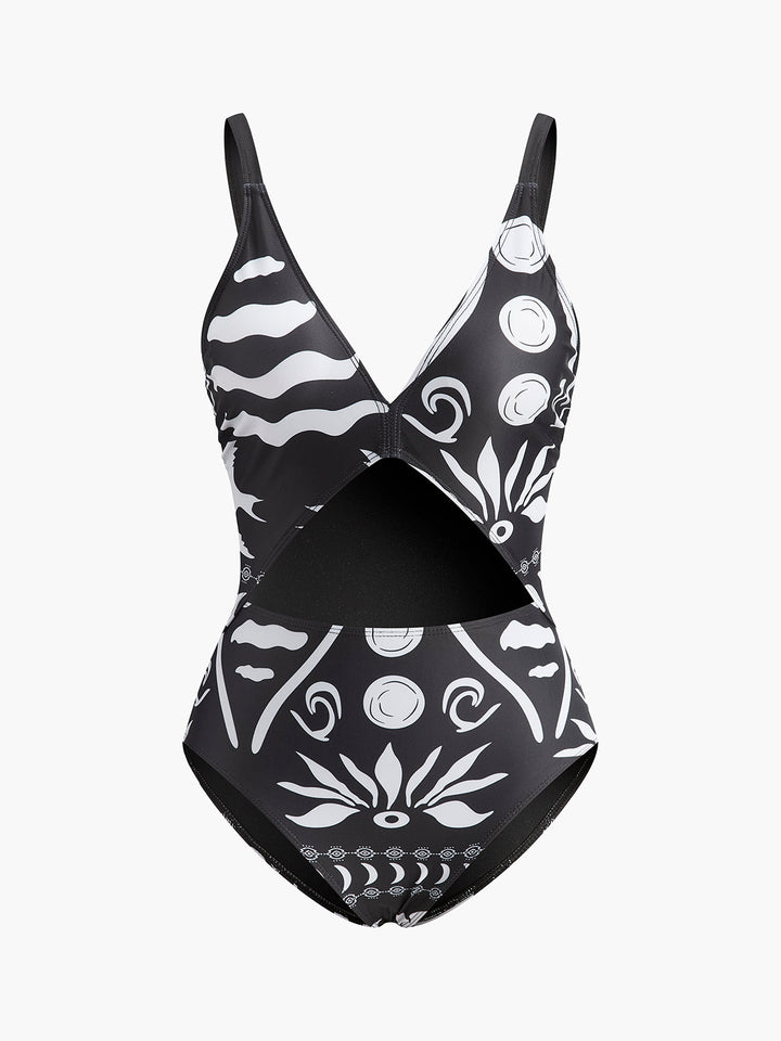 Maillot de bain une pièce à col en V découpé imprimé