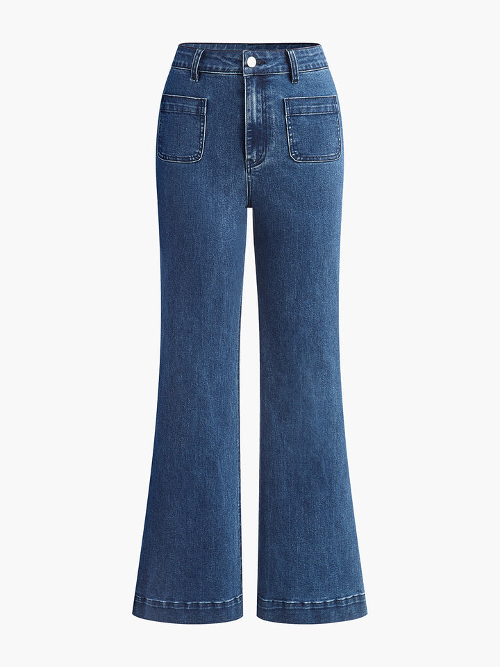 Jean Coupe Taille Haute Jambe Large à Poches