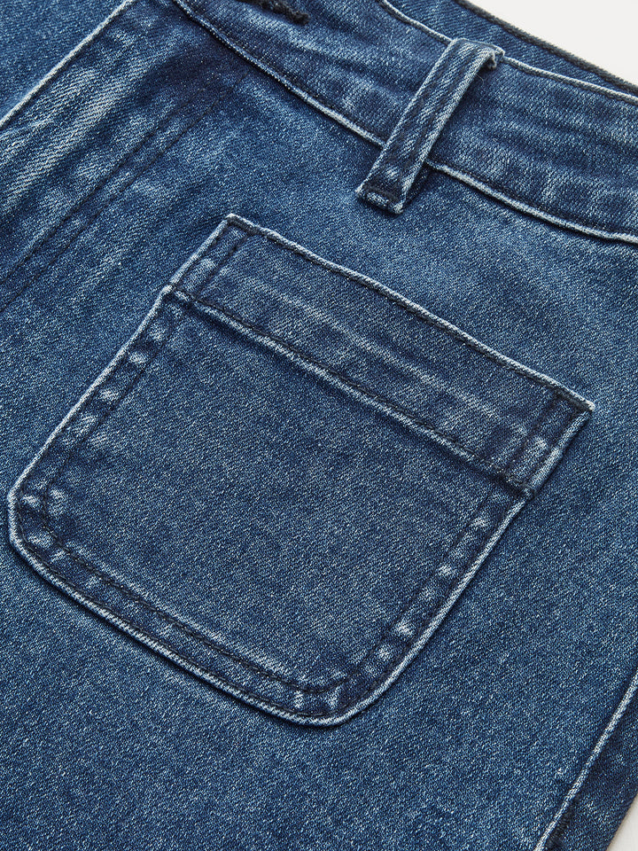 Jean Coupe Taille Haute Jambe Large à Poches