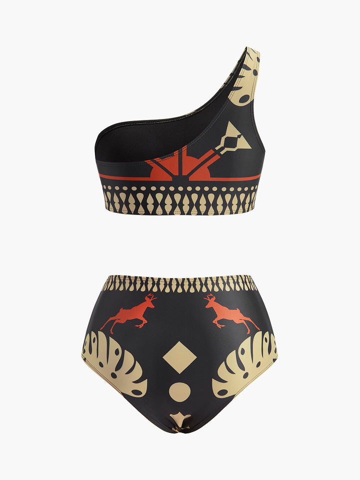 Ensemble Bikini Une Épaule Imprimé Tribal