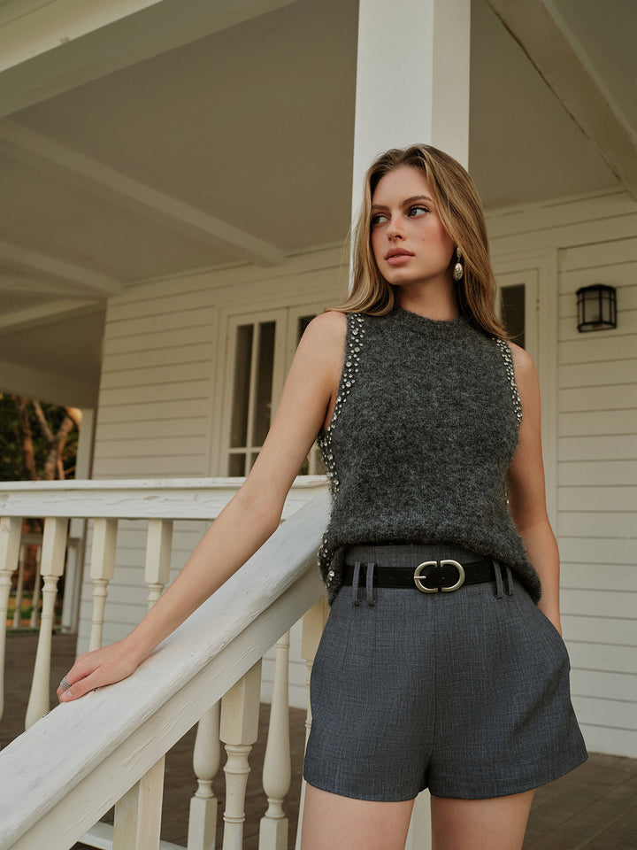 Gilet sans manches en maille mélangée orné de perles