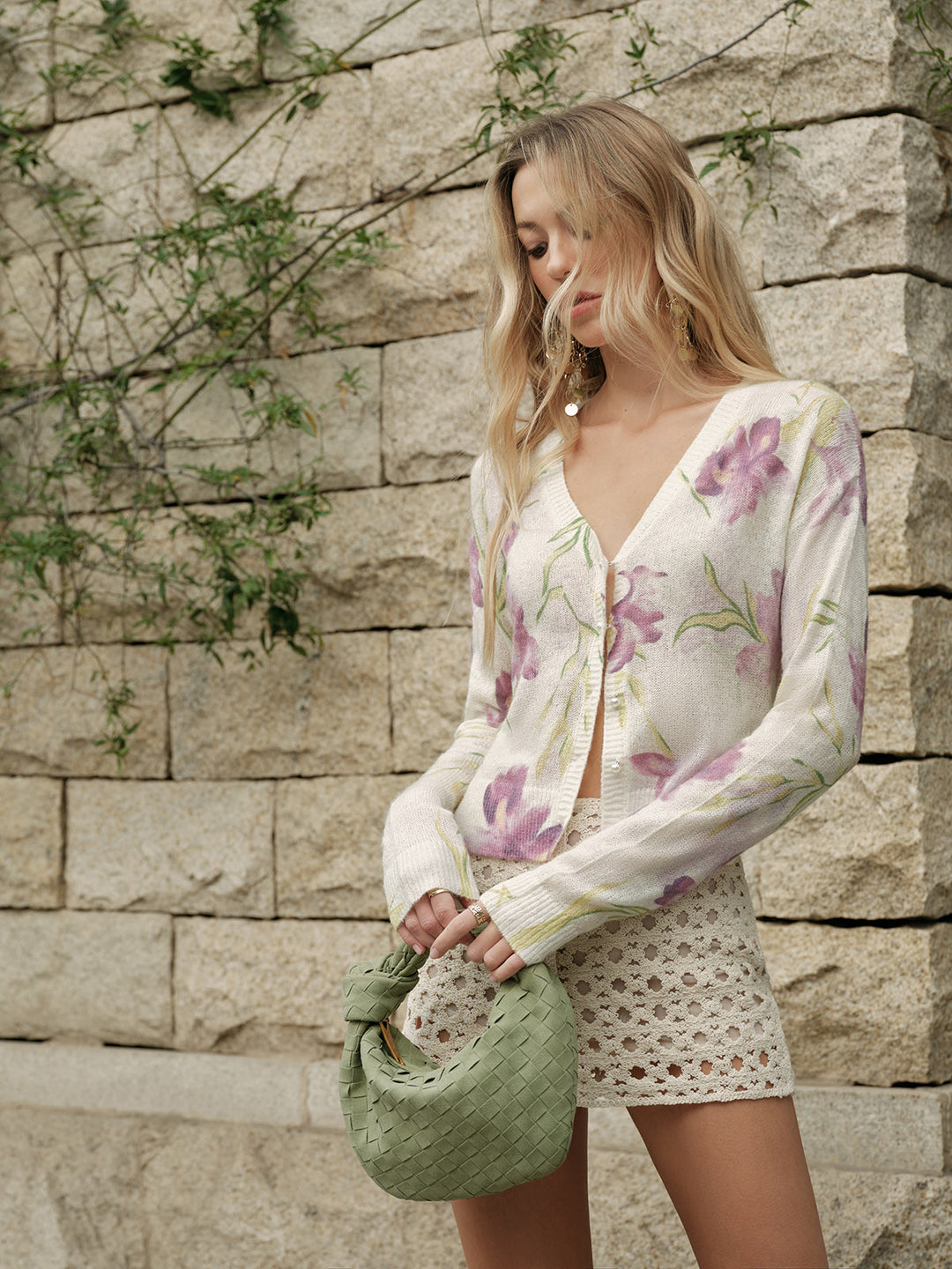 Cardigan en Laine Mélangée Florale