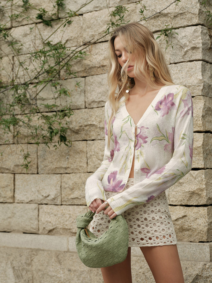Cardigan en Laine Mélangée Florale
