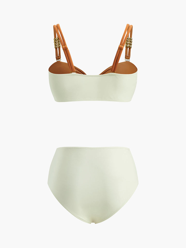 Ensemble Bikini Rétro Style Bloc de Couleur Orné