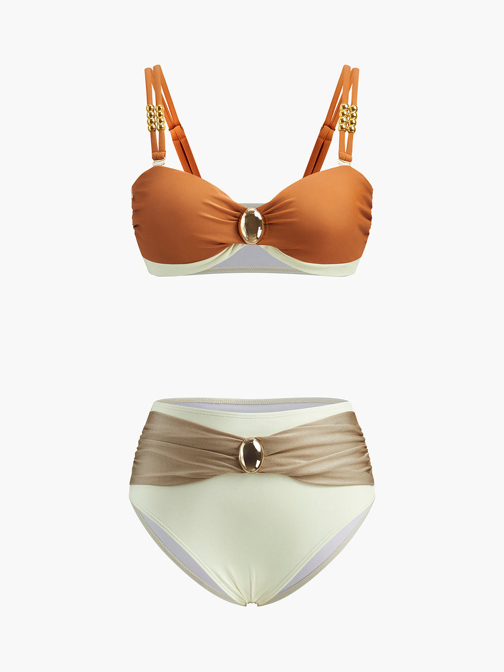 Ensemble Bikini Rétro Style Bloc de Couleur Orné