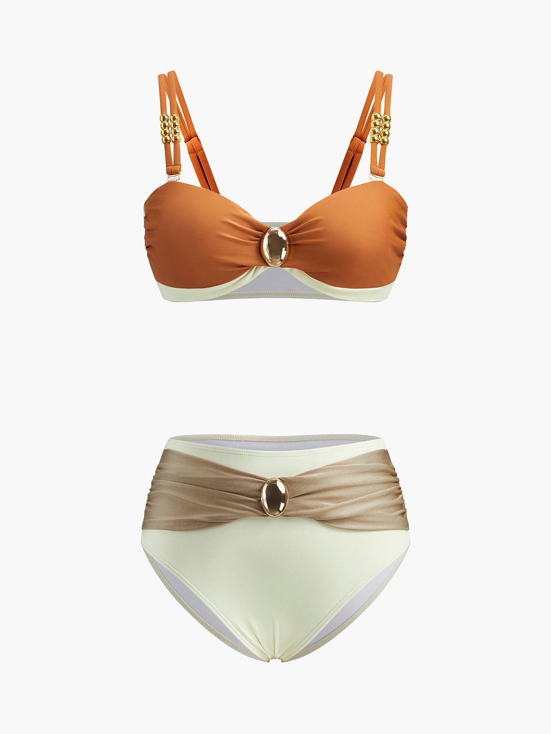 Ensemble Bikini Rétro Style Bloc de Couleur Orné
