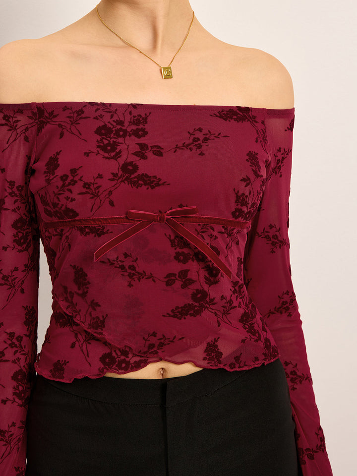 T-shirt Semi-transparente Fleurie à Épaule Dégagée