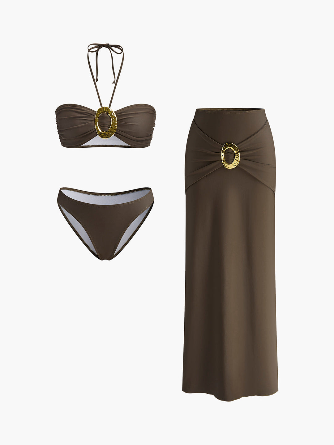 Ensemble Bikini Bandeau à Détail d'Anneau Ovale avec Jupe Drapée