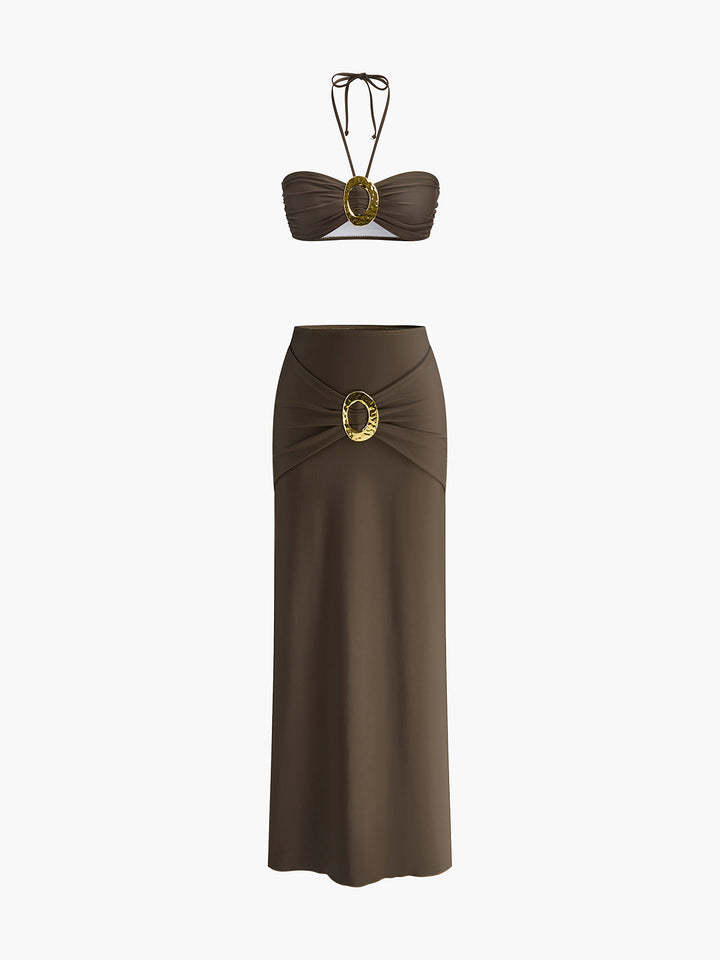 Ensemble Bikini Bandeau à Détail d'Anneau Ovale avec Jupe Drapée