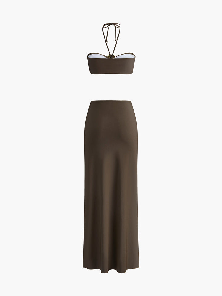 Ensemble Bikini Bandeau à Détail d'Anneau Ovale avec Jupe Drapée