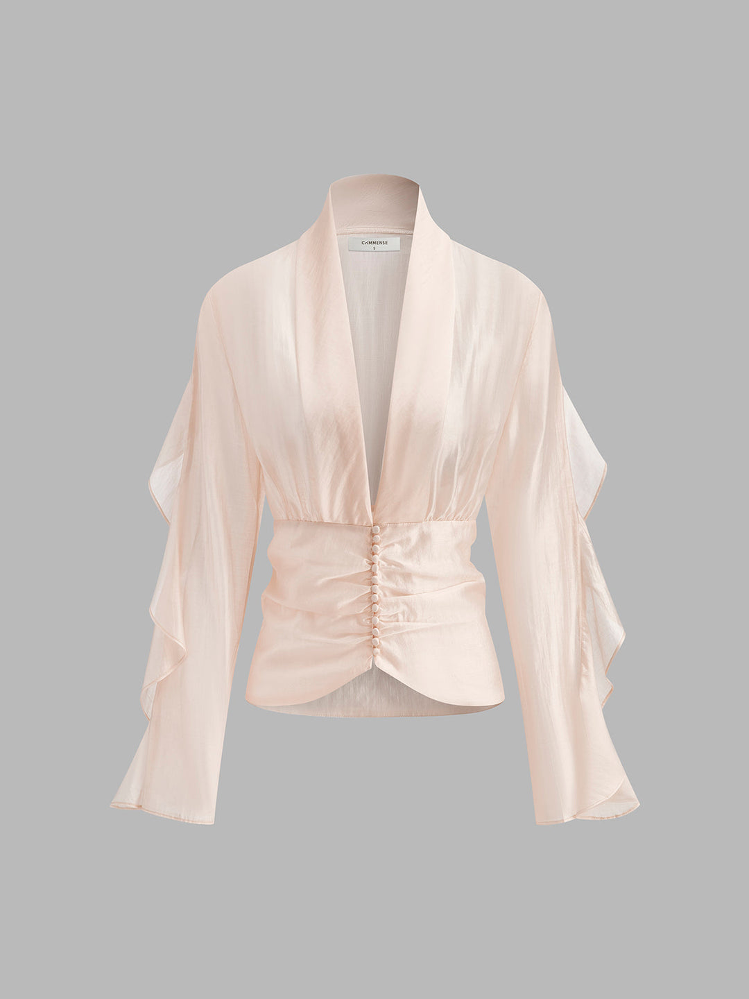 Blouse Col V Froncé Semi-Transparente en Mousseline