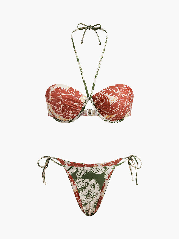 Ensemble Bikini Fleuri avec Jupe à Liens sur les Côtés