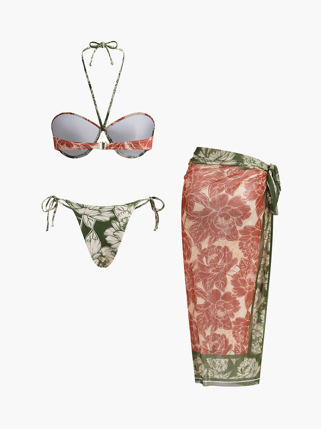 Ensemble Bikini Fleuri avec Jupe à Liens sur les Côtés
