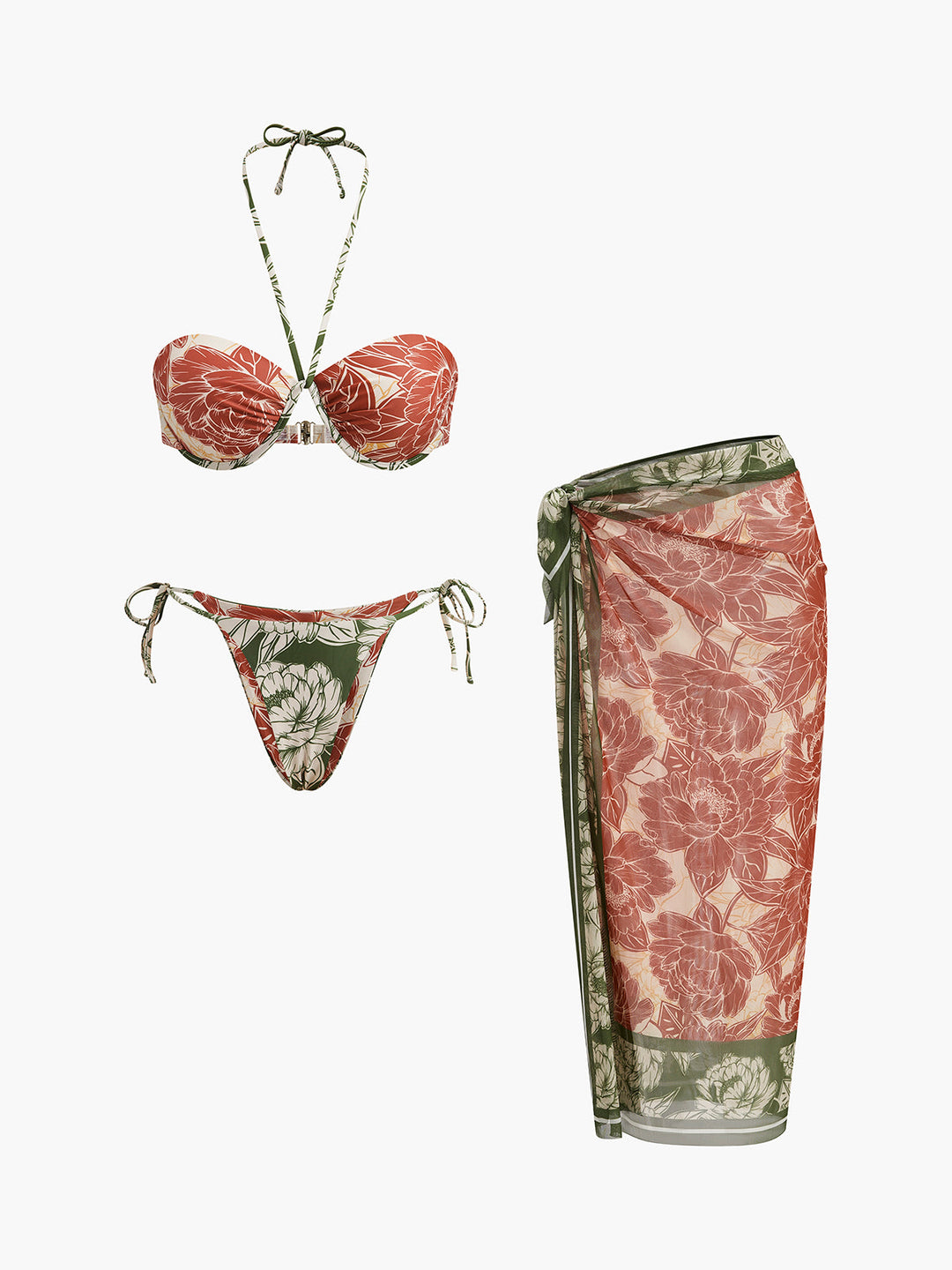 Ensemble Bikini Fleuri avec Jupe à Liens sur les Côtés