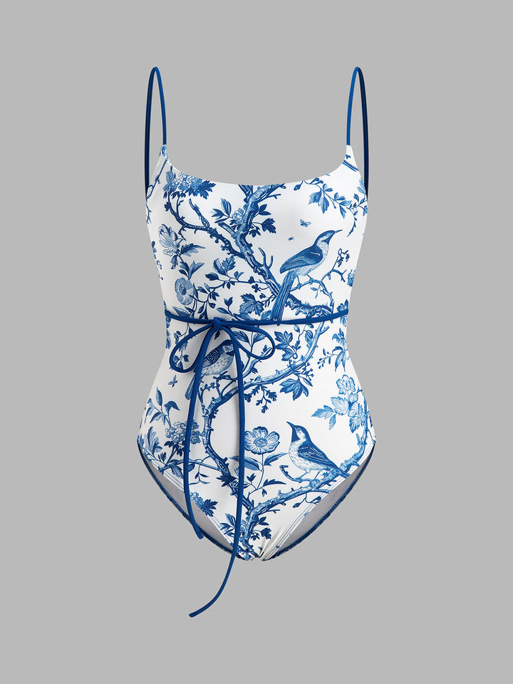 Maillot de bain une pièce à taille cravate imprimé oiseau