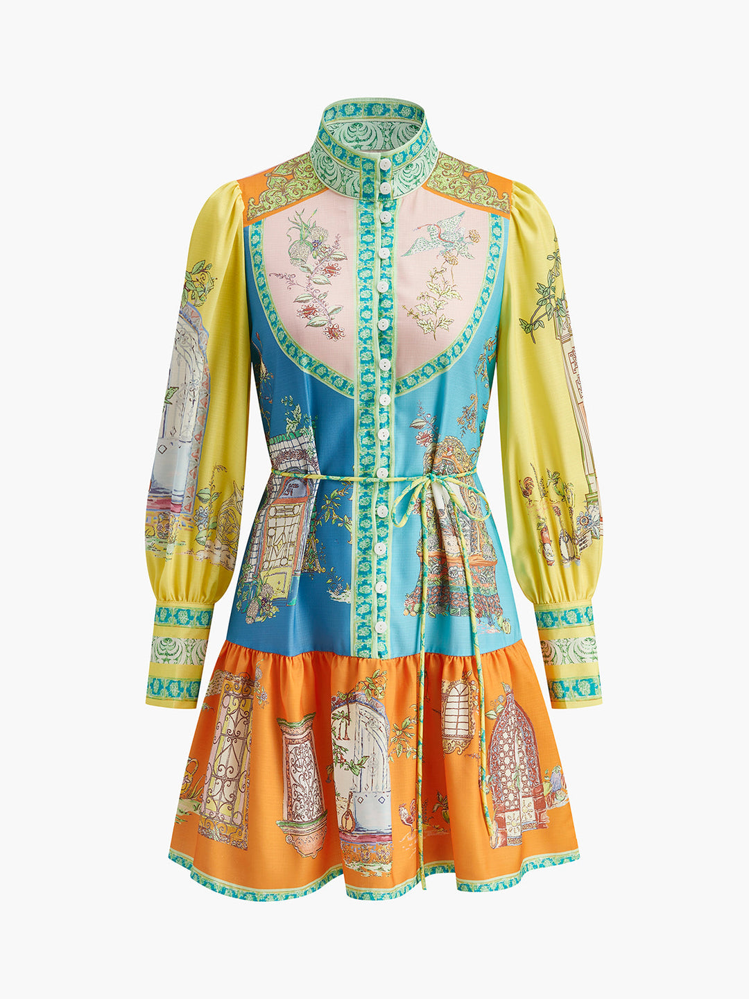 Robe à col montant imprimée avec ceinture