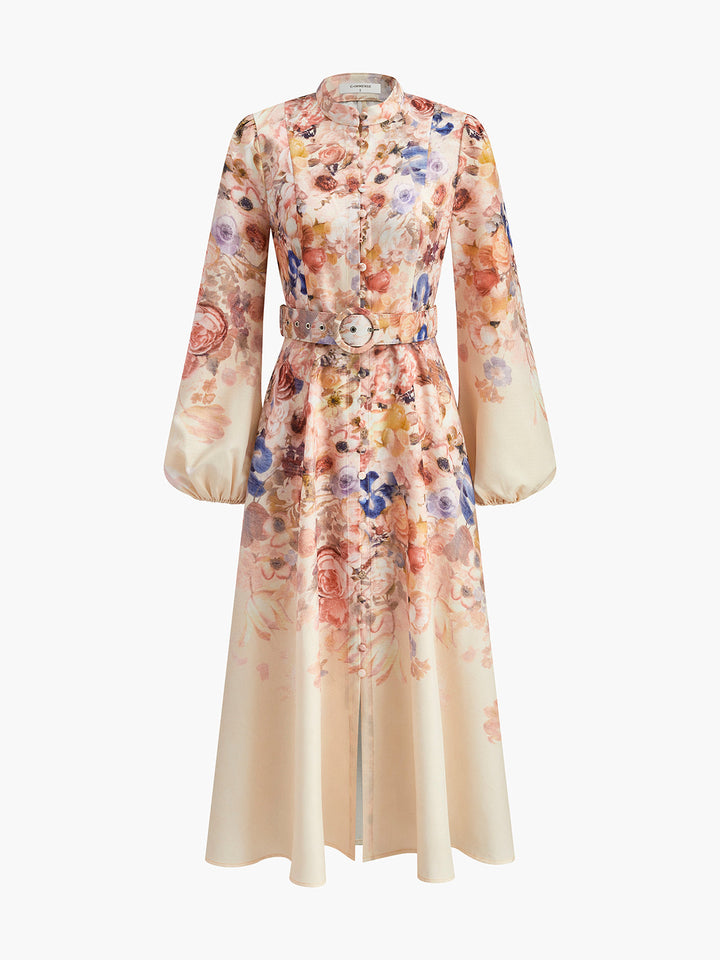 Robe Fleurie Ceinturée à Manches Ballons