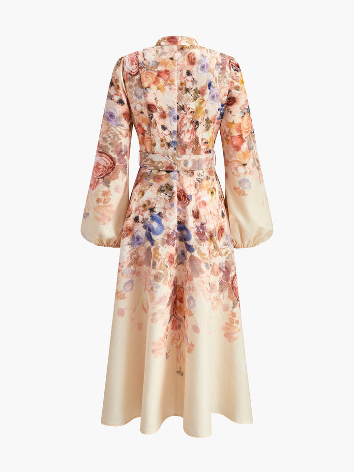 Robe Fleurie Ceinturée à Manches Ballons