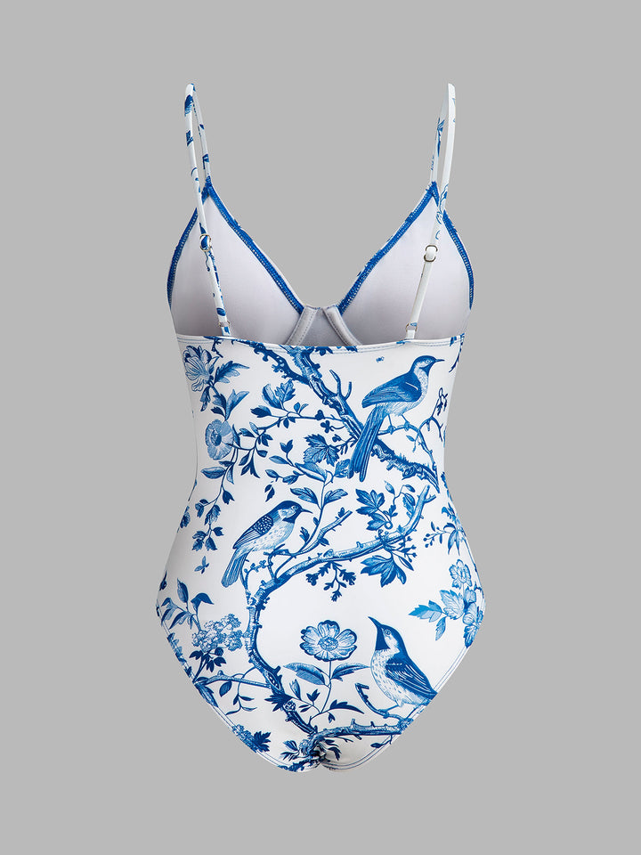 Maillot de bain une pièce à col en V et imprimé d'oiseaux