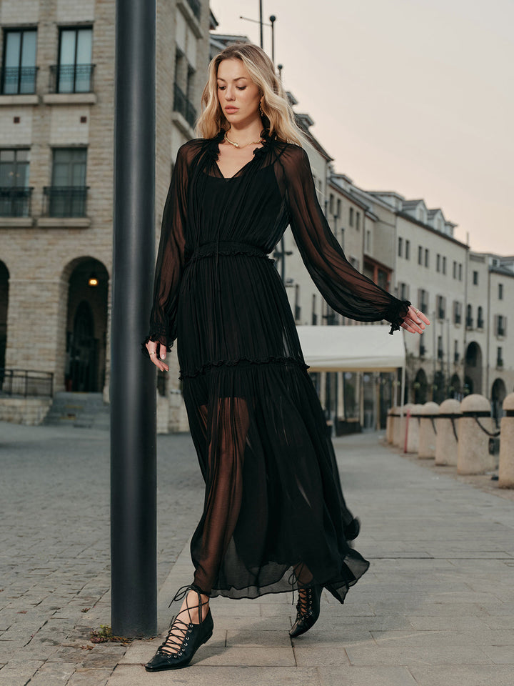 Robe mi-longue semi-transparente en mousseline avec volants