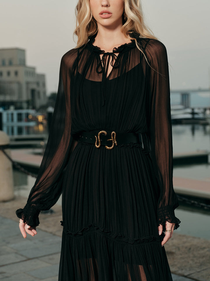 Robe mi-longue semi-transparente en mousseline avec volants