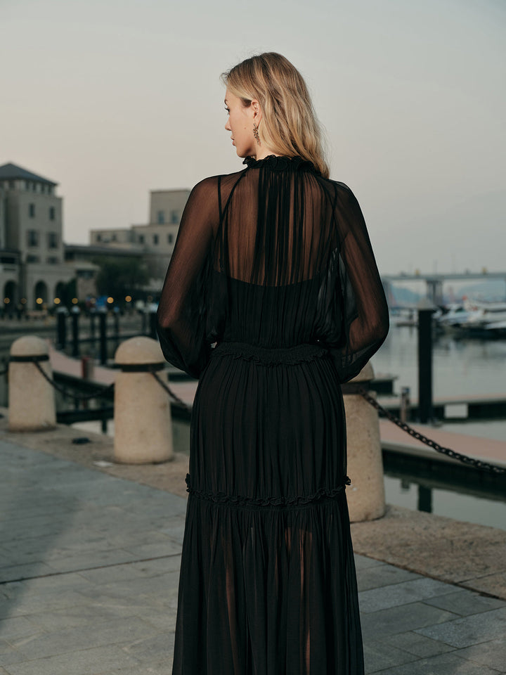 Robe mi-longue semi-transparente en mousseline avec volants