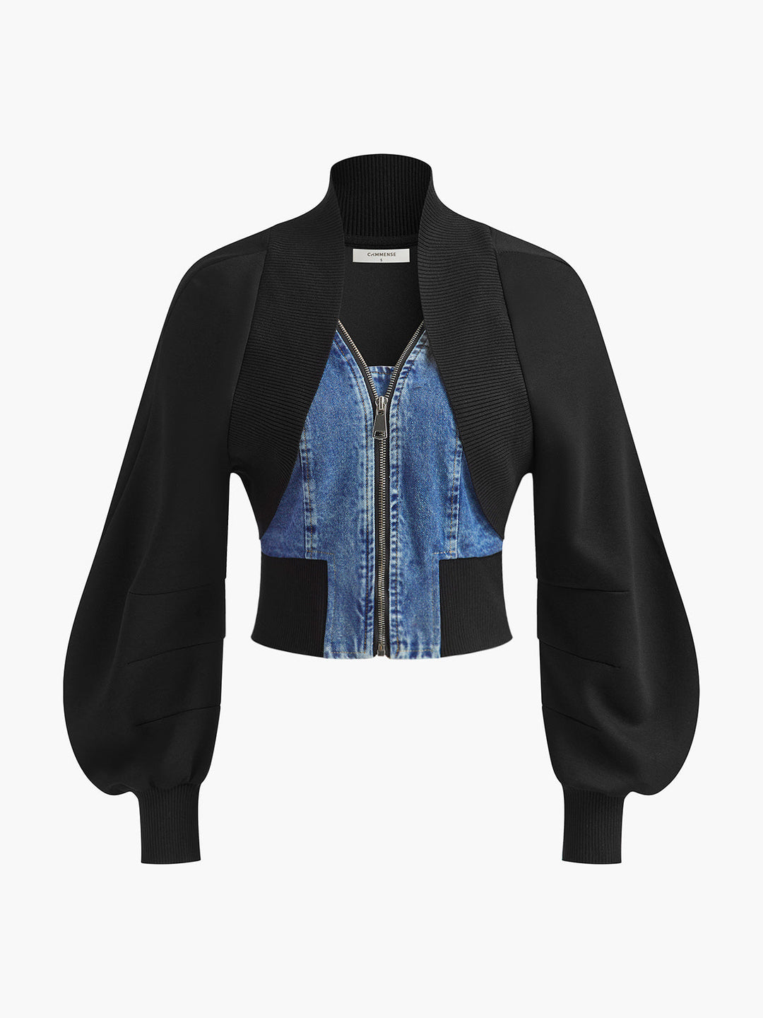 Veste Ajustée Patchwork Denim à Manches Bouffantes