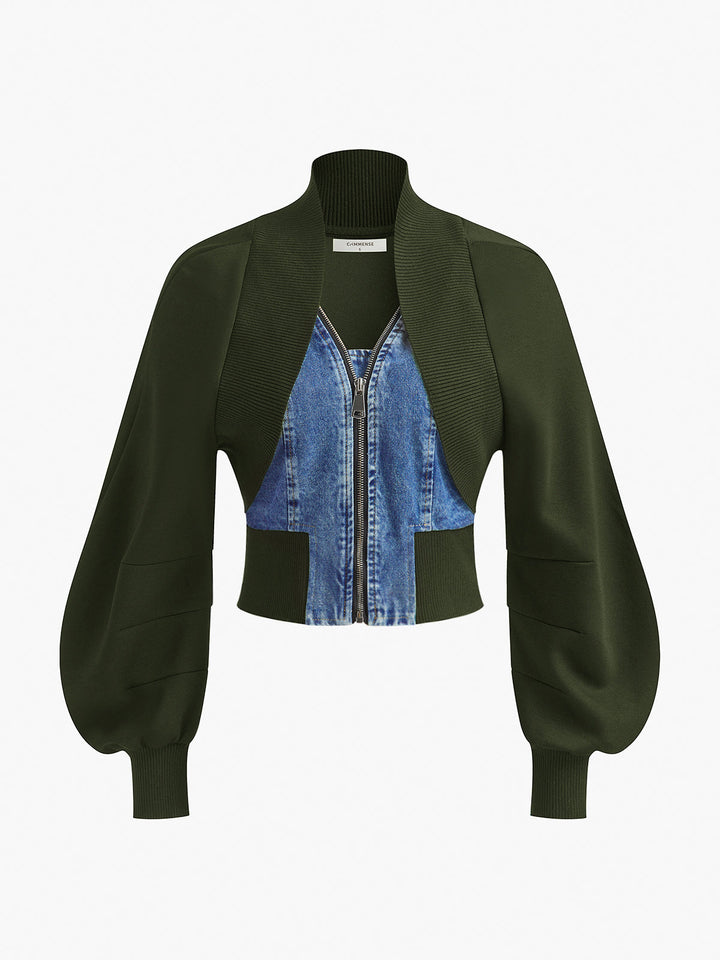 Veste Ajustée Patchwork Denim à Manches Bouffantes
