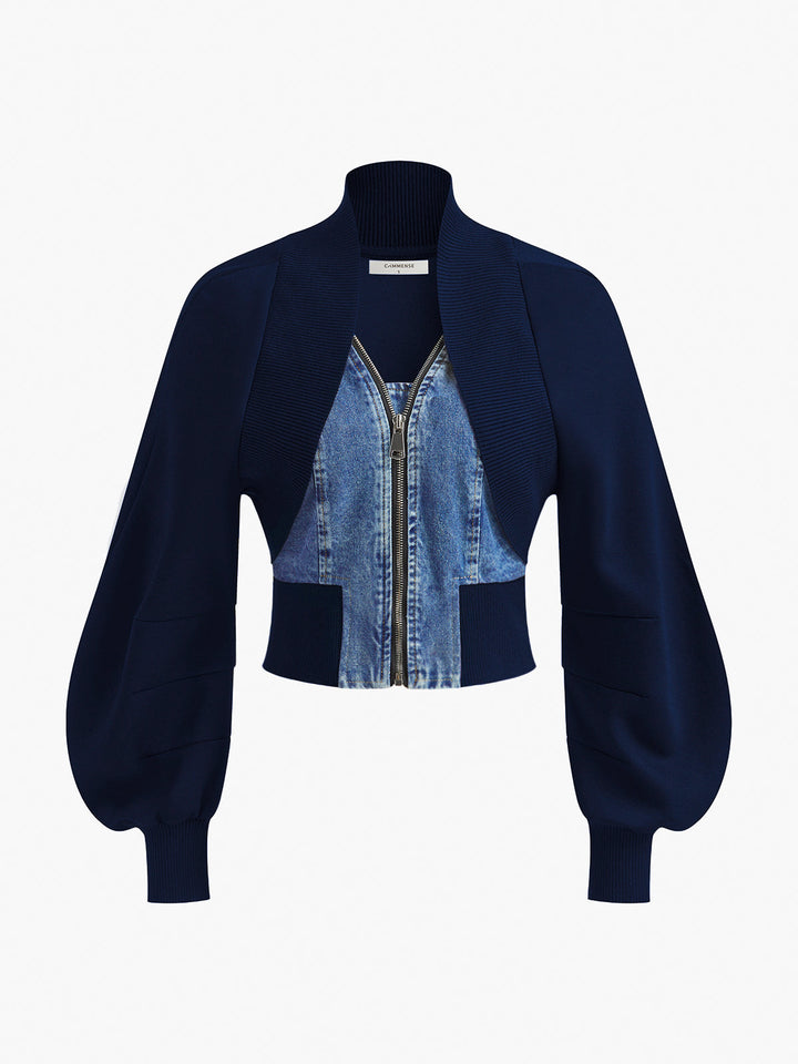 Veste Ajustée Patchwork Denim à Manches Bouffantes
