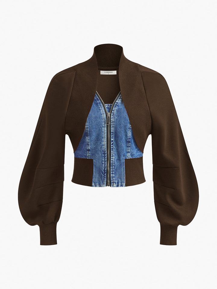 Veste Ajustée Patchwork Denim à Manches Bouffantes