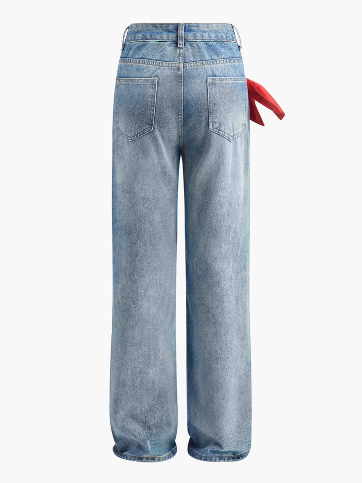 Jean en jean taille mi-haute décoré d'un nœud