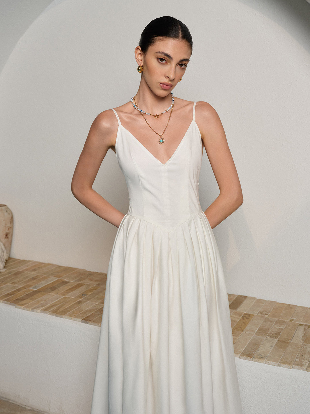 Robe Plissée à Bretelles Spaghetti Sans Dos