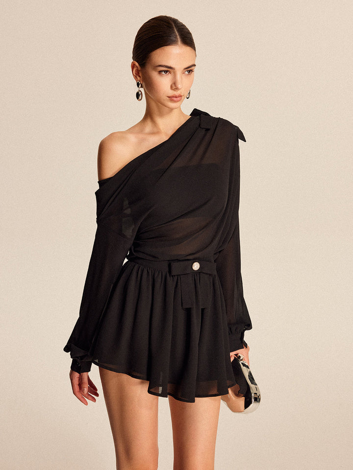 Ensemble Jupe-Robe Volantée Une Épaule Semi-Transparente en Mousseline