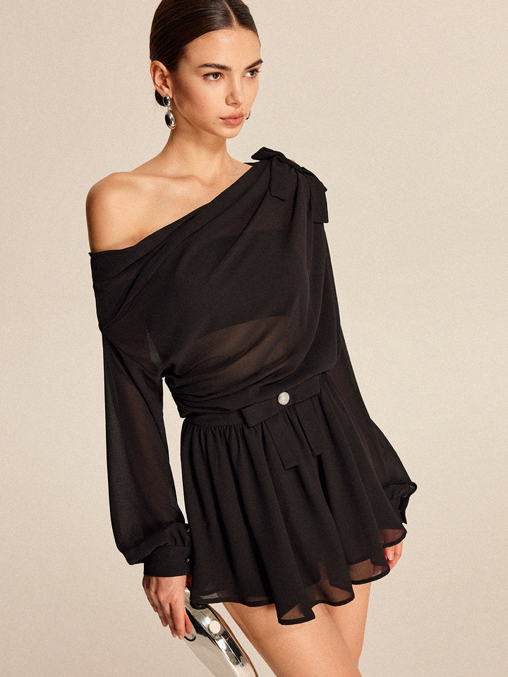 Ensemble Jupe-Robe Volantée Une Épaule Semi-Transparente en Mousseline