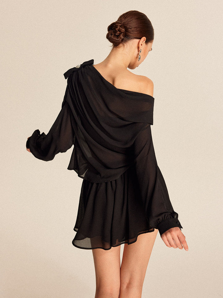Ensemble Jupe-Robe Volantée Une Épaule Semi-Transparente en Mousseline