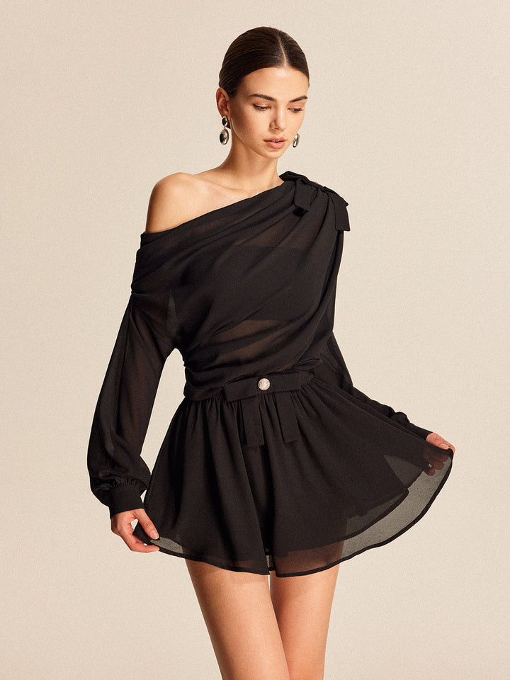 Ensemble Jupe-Robe Volantée Une Épaule Semi-Transparente en Mousseline