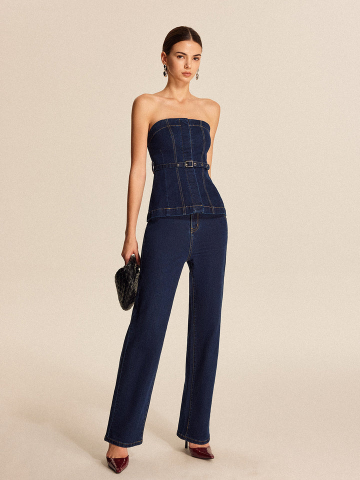 Haut sans bretelles en jean avec ceinture