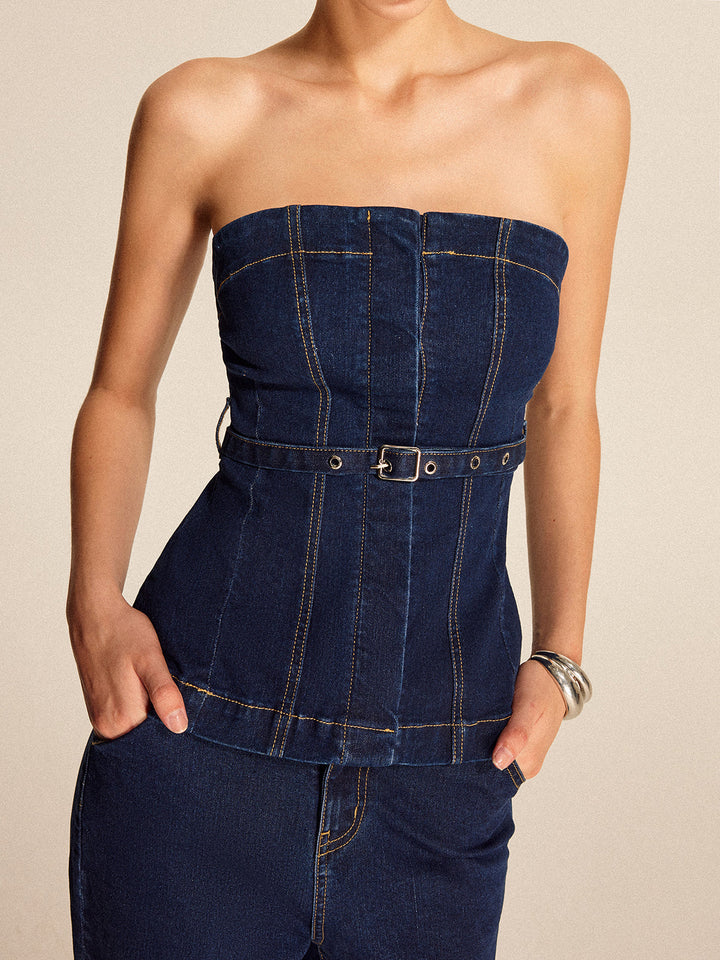 Haut sans bretelles en jean avec ceinture
