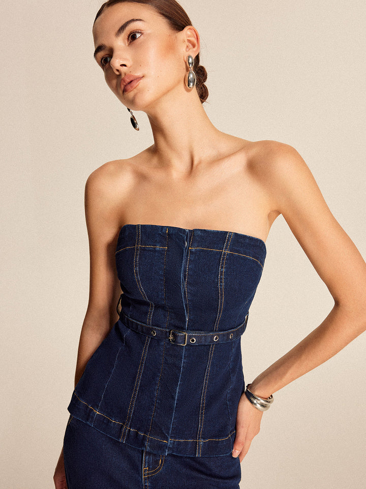 Haut sans bretelles en jean avec ceinture