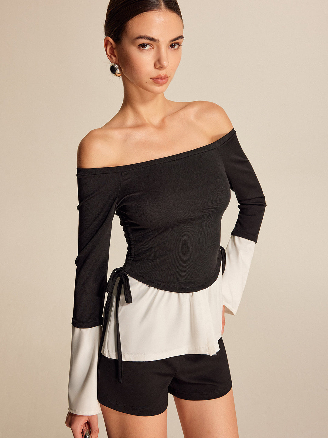 Blouse Sans Épaules à Col Droit à Contraste Audacieux