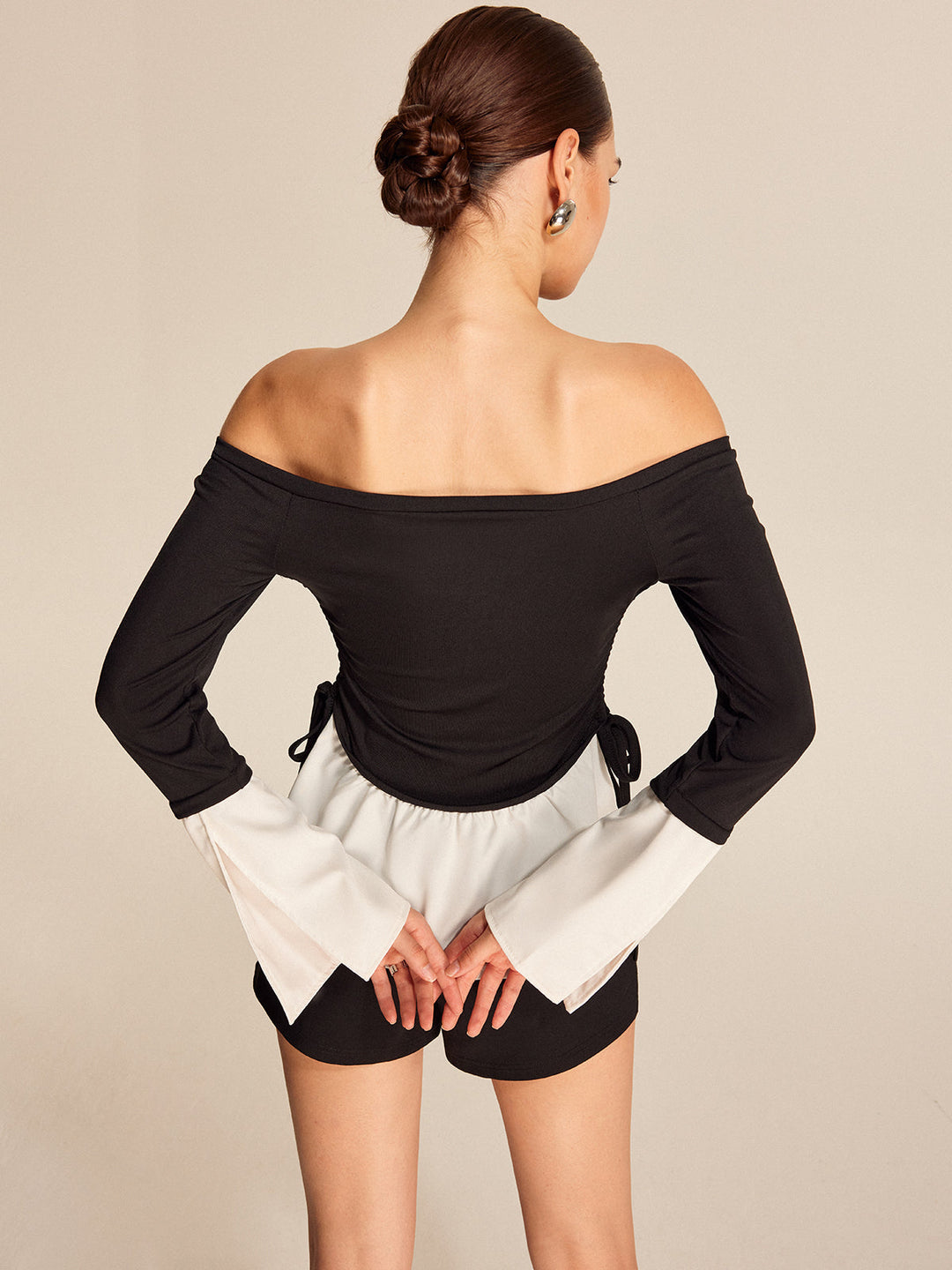 Blouse Sans Épaules à Col Droit à Contraste Audacieux