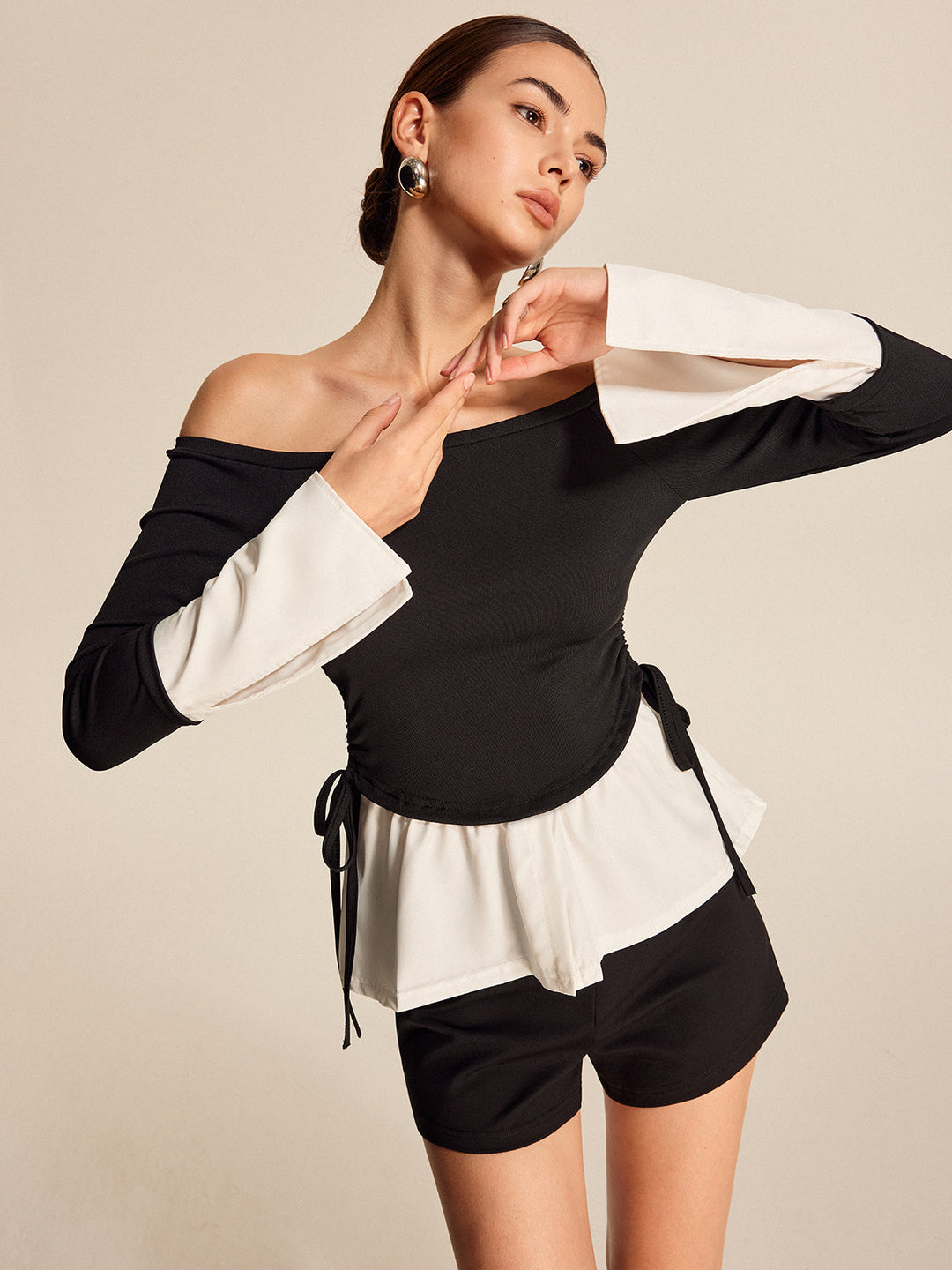 Blouse Sans Épaules à Col Droit à Contraste Audacieux