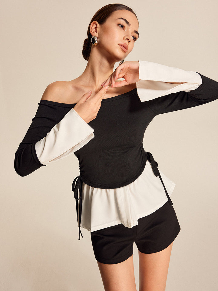 Blouse Sans Épaules à Col Droit à Contraste Audacieux