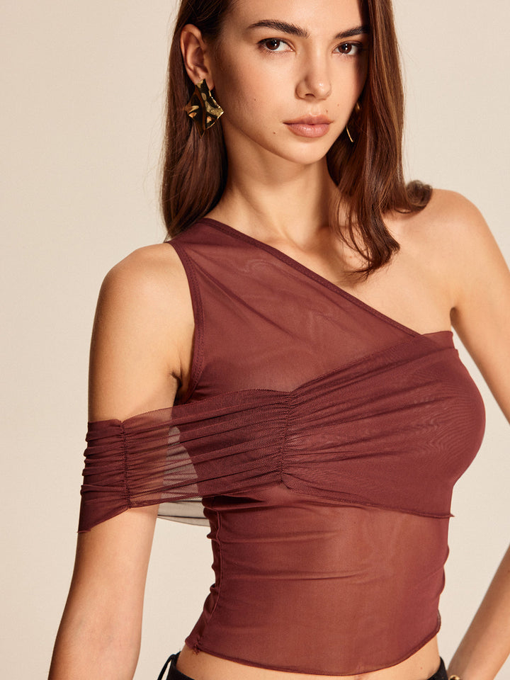 Haut en maille semi-transparente à une épaule