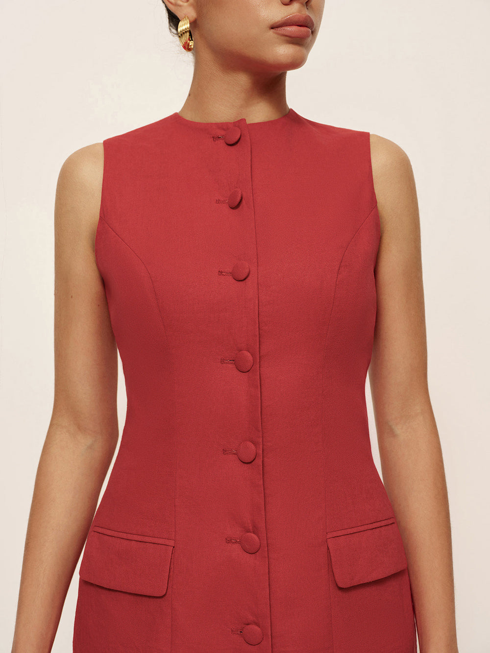 Robe Courte Boutonnée Sans Manches en Coton et Lin