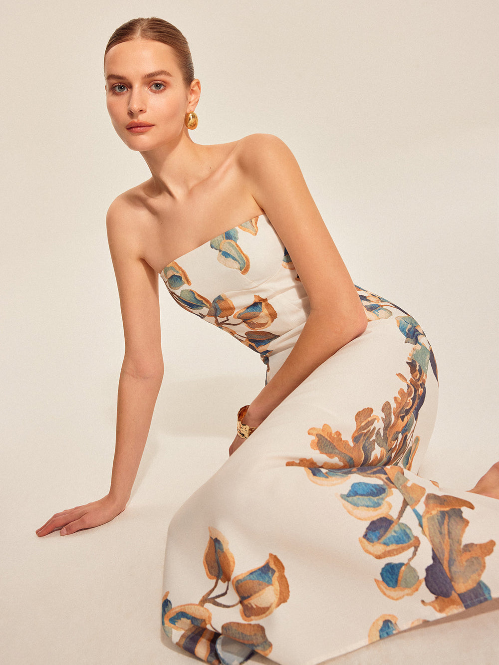 Robe Longue Sans Bretelles à Imprimé Floral