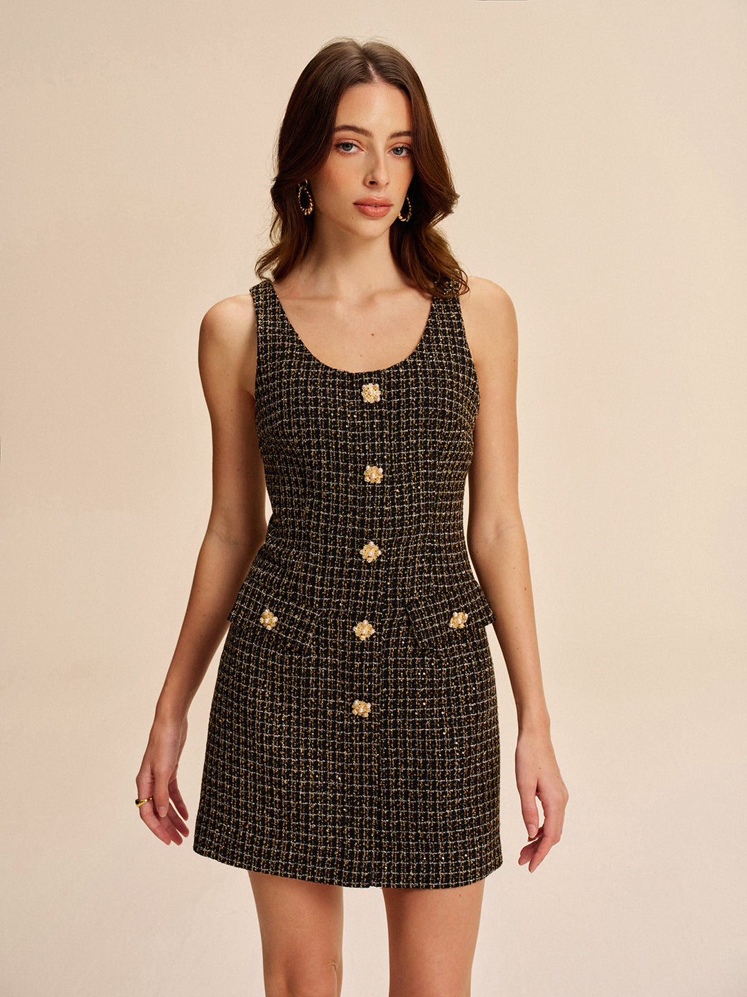 Robe sans manches boutonnée en tweed